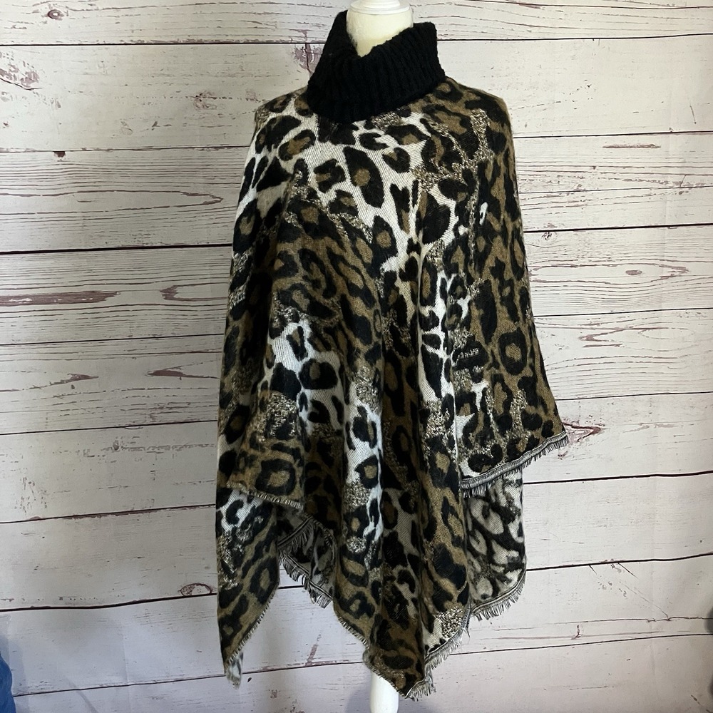 Cejon Cat Lover Turtleneck Poncho black brown‎ tan Leopard Fringe Hem